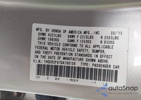 2013 Honda Accord Ex-L z USA, uszkodzony, nr VIN 1HGCR2F87DA188156